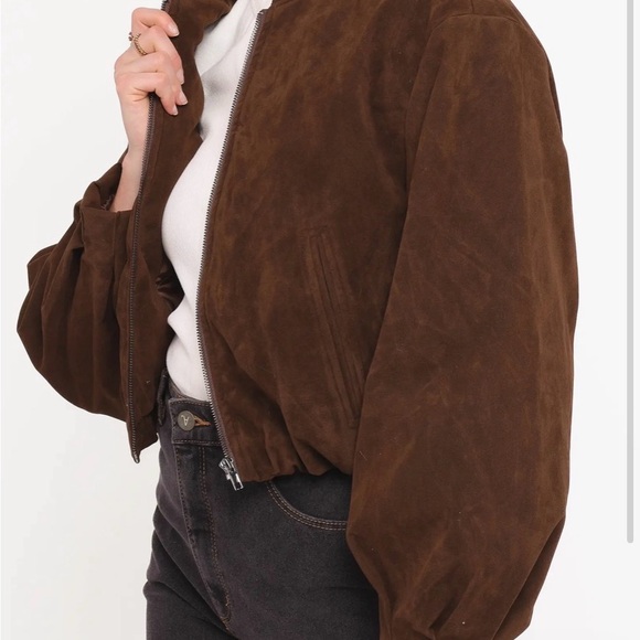 Petal & Pup Chocolate Brown Faux Suede Bomber Jacket # - Picture 5 of 11